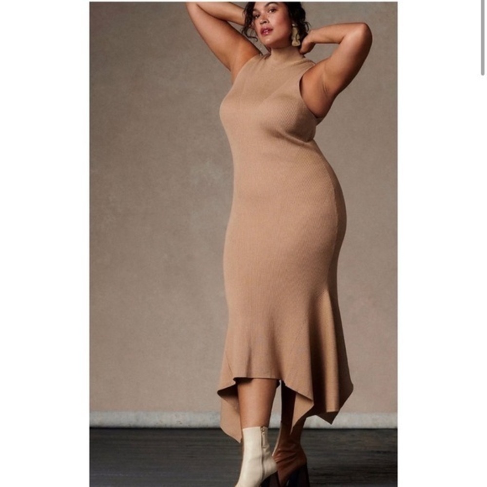 ANTHROPOLOGIE Mock Neck Back Cutout Ribbed Asymmetrical Hem Maxi‎ Dress large